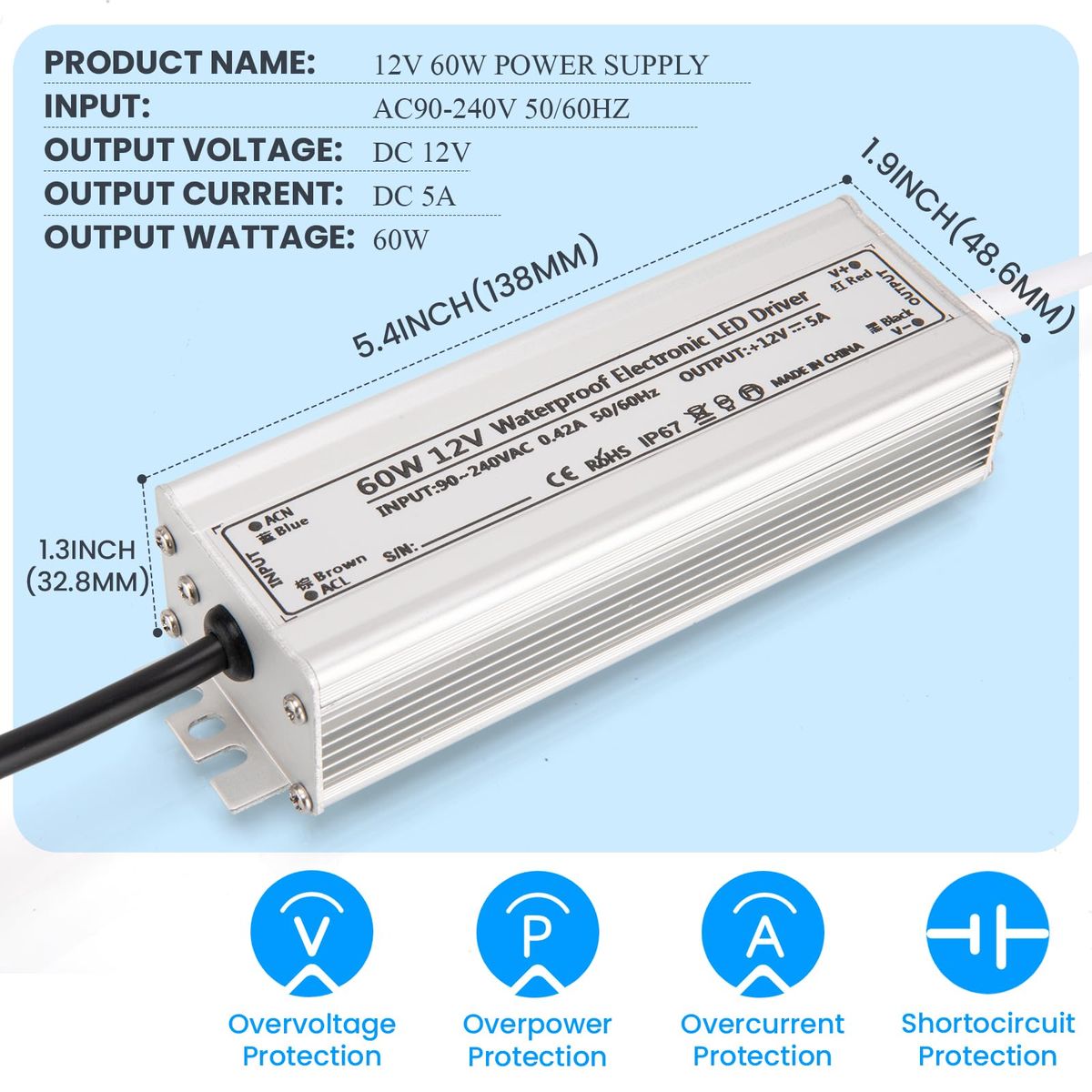 12V60W WATERPROOF 100-240V AC, 12V OUTPUT 60W (CH) product photo
